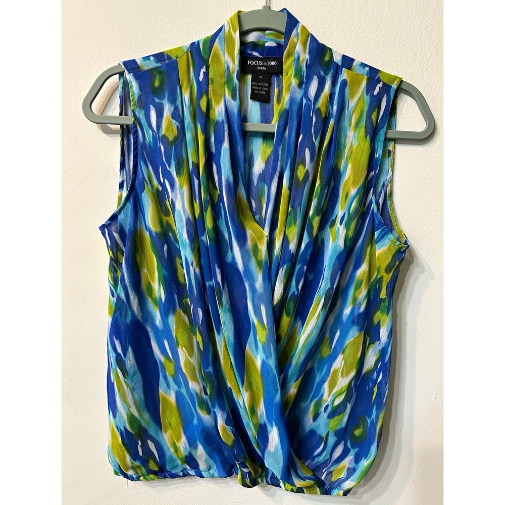 Focus 2000 Petite Women Top PM Blue Green Abstract Watercolor Wrap Blouse